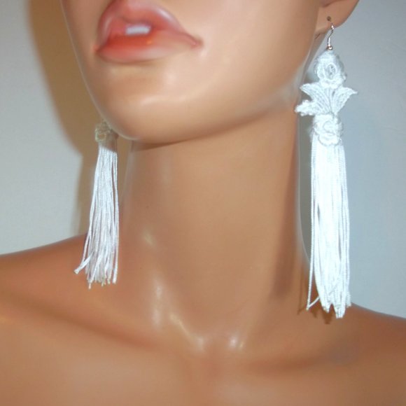 White Flower Lace Tassel Earrings, Long White Earrings, White Tassel Earrings - Picture 3 of 4